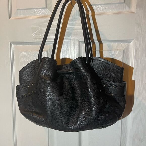 Cole Haan Black Pebbled Leather Hobo medium shoulder bag silver tone accents - Picture 4 of 16